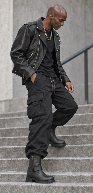 Darius: leather jacket and black utility trousers
