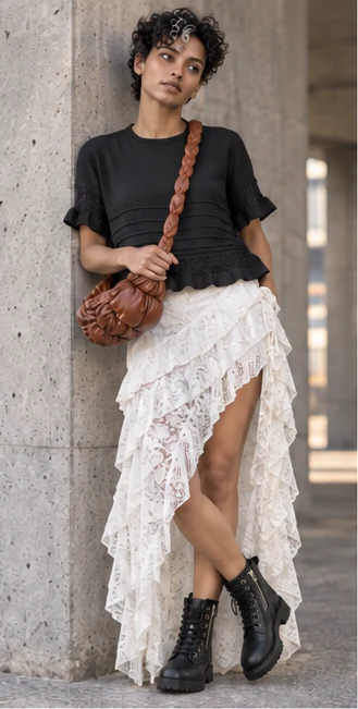 Jules: black peplum top, white lace skirt and combat boots